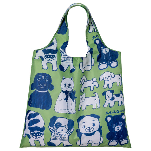 Green illustrated reusable tote bag featuring hand-drawn cats dogs and teddy bears including a dog in a shirt by Naon Jeong for Yellow Owl Workshop