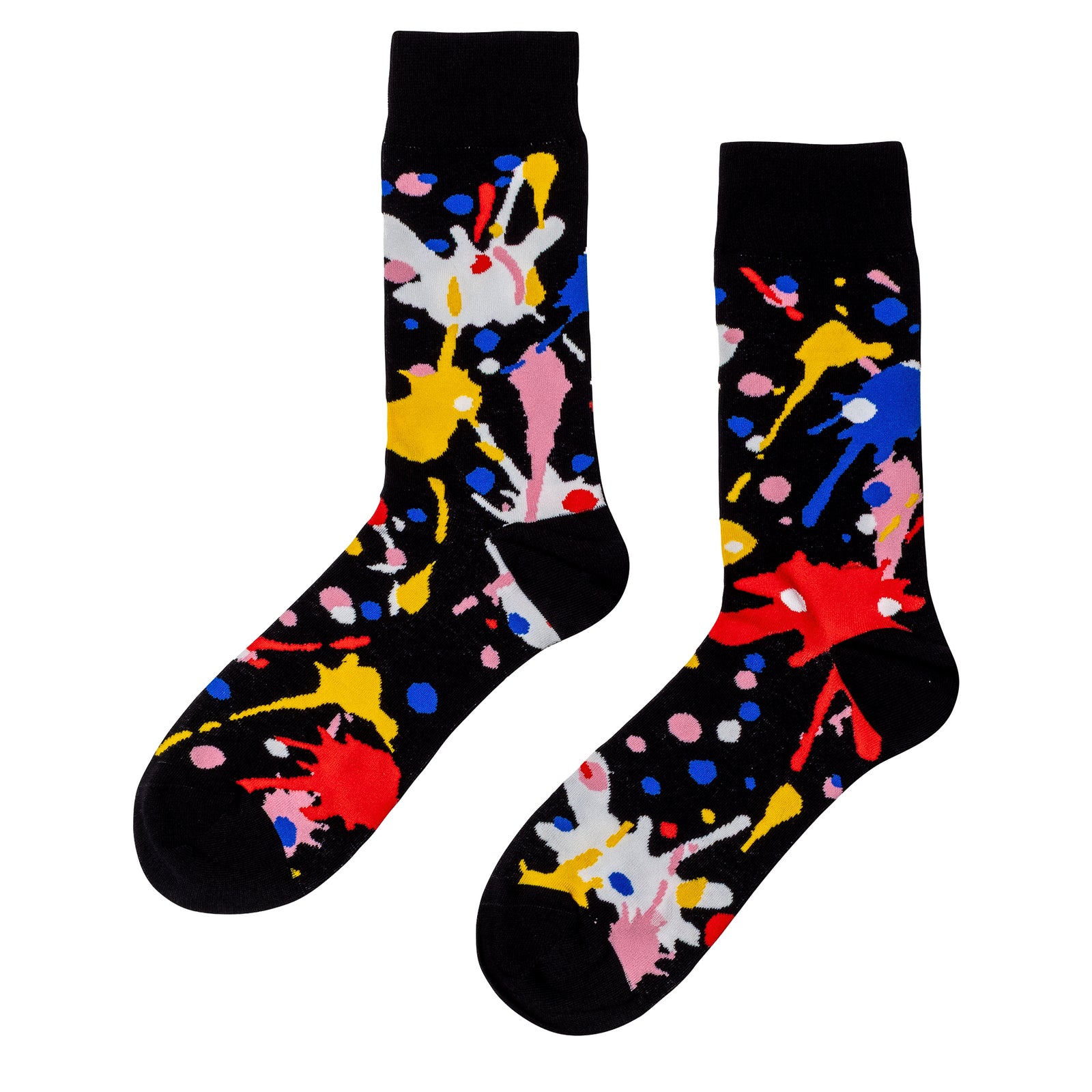 Colorful paint splatter crew socks with splashes dots and drips in multiple colors by Yellow Owl Workshop
