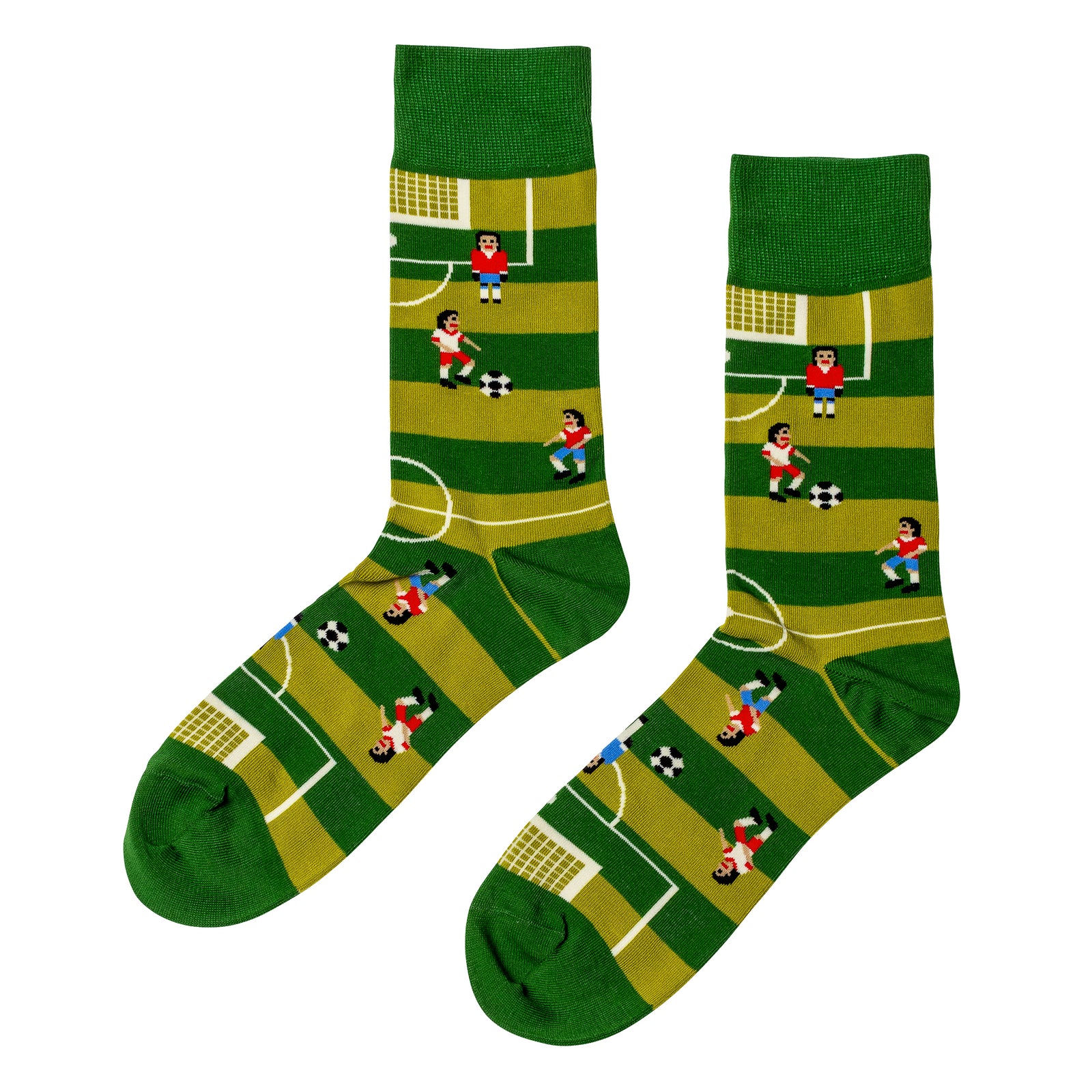 Green crew socks featuring illustrated soccer players goal and ball on striped pitch by Yellow Owl Workshop
