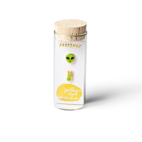 Alien mismatched cloisonné stud earrings in glass vial packaging by Yellow Owl Workshop