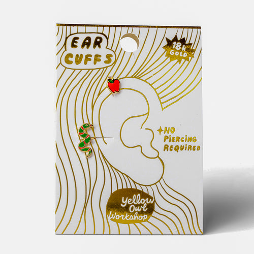 Apple and Snake no-piercing gold ear cuffs on gold foil matchbook card by Yellow Owl Workshop