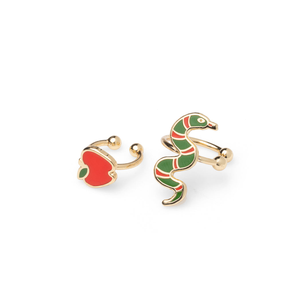 Mismatched gold apple and snake no-piercing ear cuffs with red and green enamel by Yellow Owl Workshop