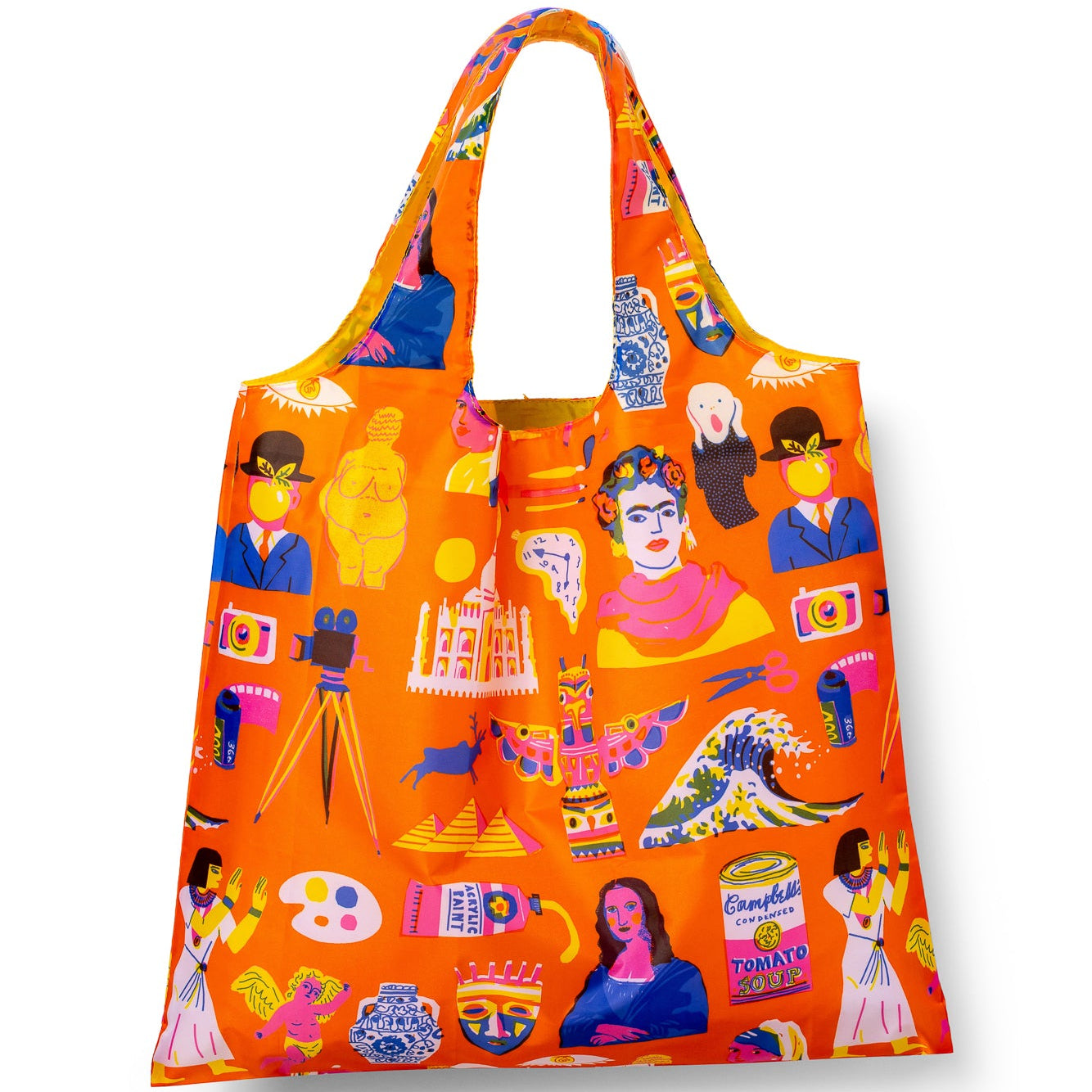 Orange illustrated reusable tote bag featuring iconic art history figures and works in folk art cut-paper style by The Printed Peanut for Yellow Owl Workshop