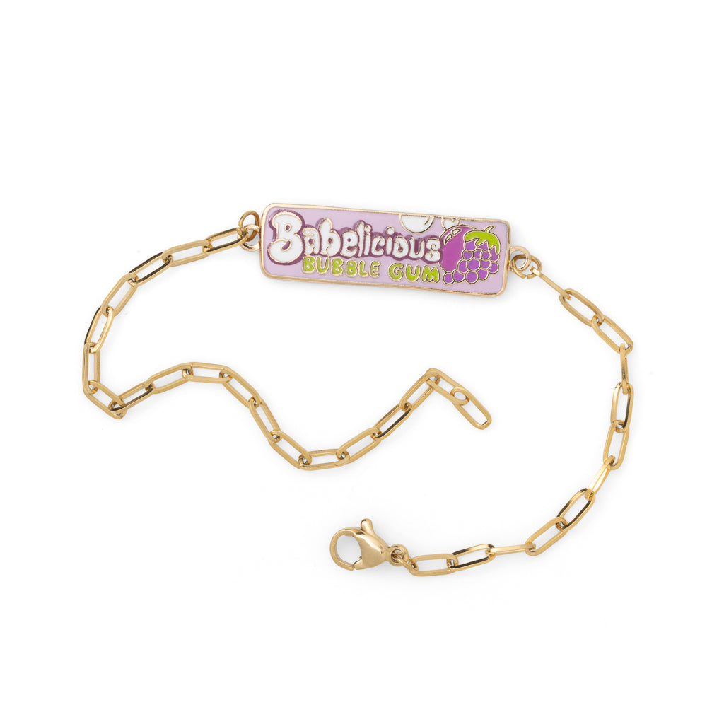 Lavender enamel Babelicious bubble gum charm bracelet unclasped on white background by Yellow Owl Workshop