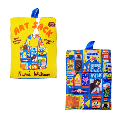 Kawaii Cat Food Art Sack® folded front and back showing illustrated kawaii cat and pantry icon print and Art Sack® packaging by Naomi Wilkinson for Yellow Owl Workshop