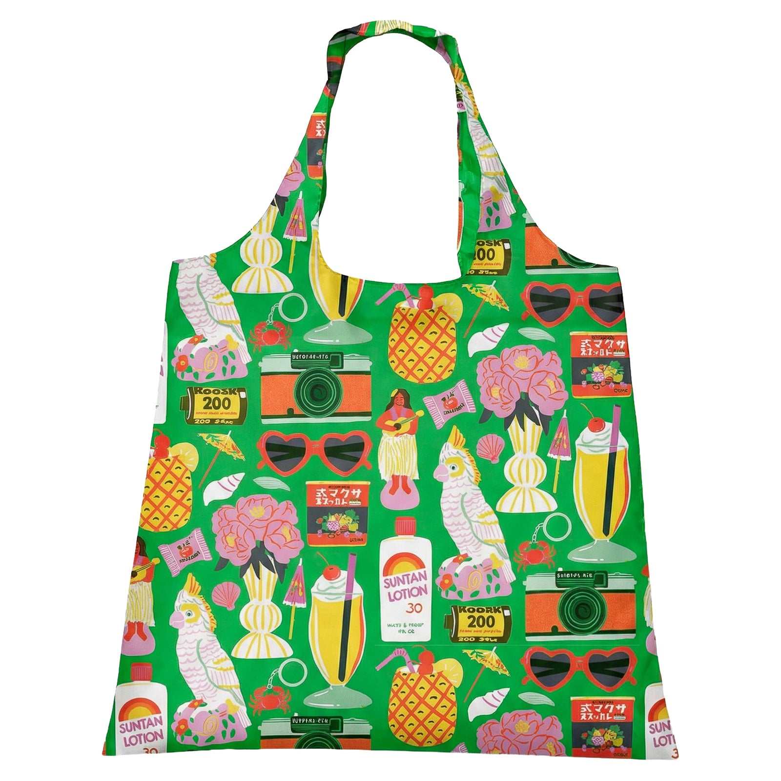 Illustrated reusable tote bag featuring colorful retro tropical vacation icons including pineapples cocktails film cameras and cockatoo by Naomi Wilkinson for Yellow Owl Workshop