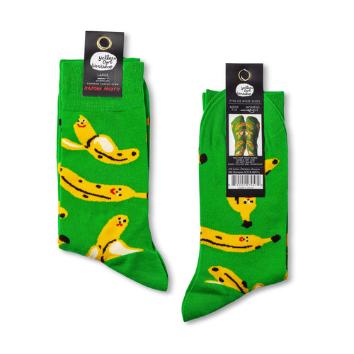 Banana crew socks packaging front and back by Yellow Owl Workshop