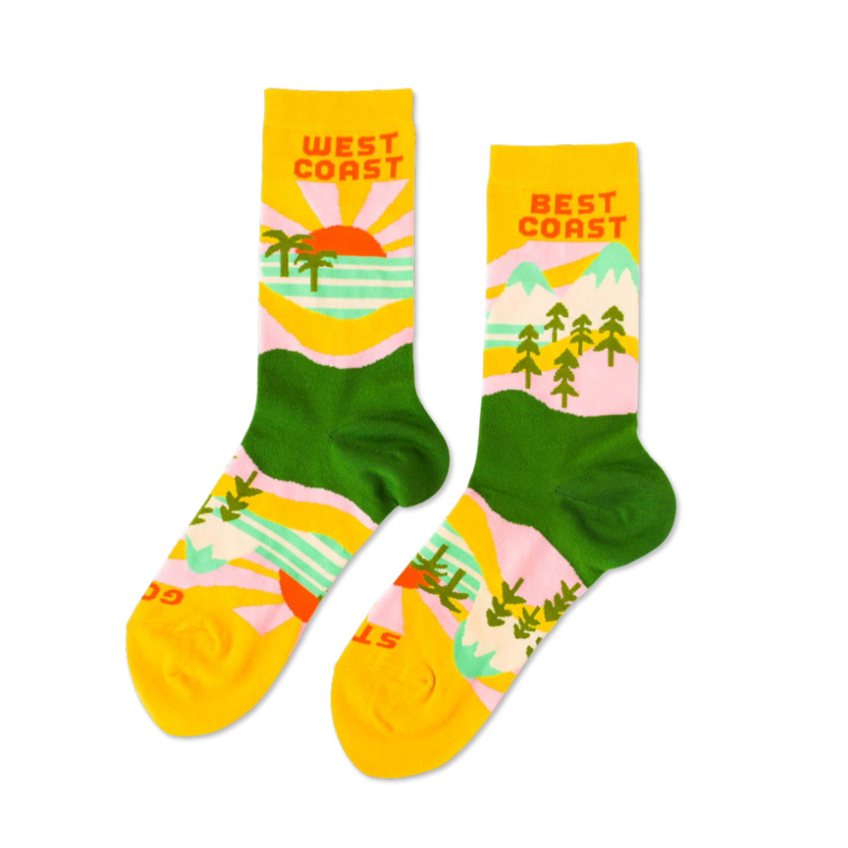 Yellow crew socks featuring West Coast and Best Coast text with illustrated sunsets palm trees pine forests and mountains by Yellow Owl Workshop