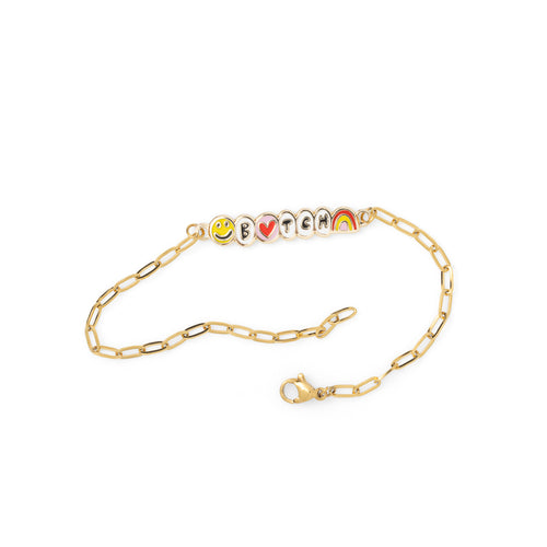 Gold paperclip chain Bitch bracelet with enamel letter charms and smiley face heart and rainbow unclasped on white background by Yellow Owl Workshop
