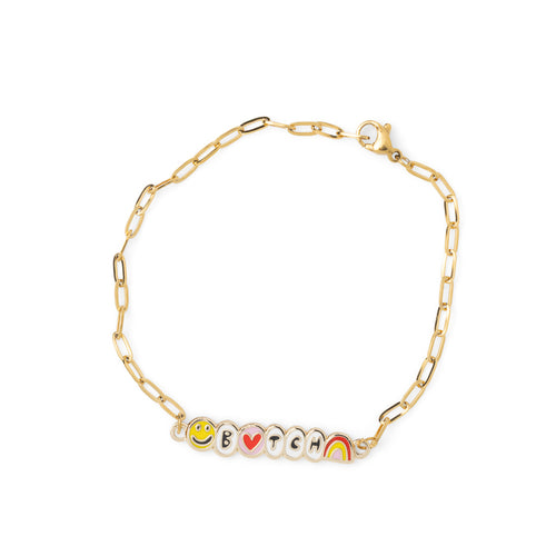 Gold paperclip chain bracelet spelling Bitch in enamel letter charms with smiley face red heart and rainbow by Yellow Owl Workshop