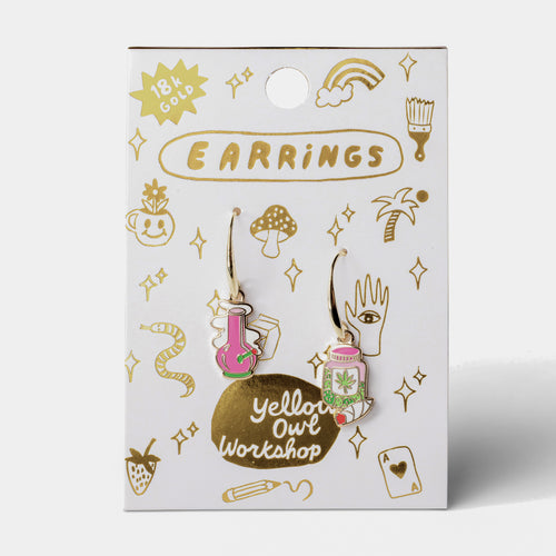 Bong and Weed Jar mismatched enamel drop earrings on gold foil matchbook card by Yellow Owl Workshop