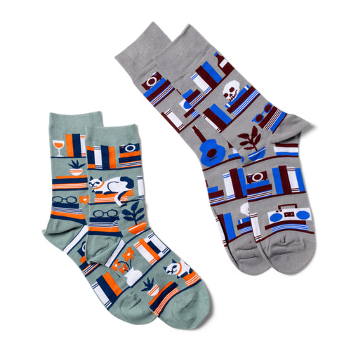 Bookshelf crew socks small and large sizes laid out side by side by Yellow Owl Workshop