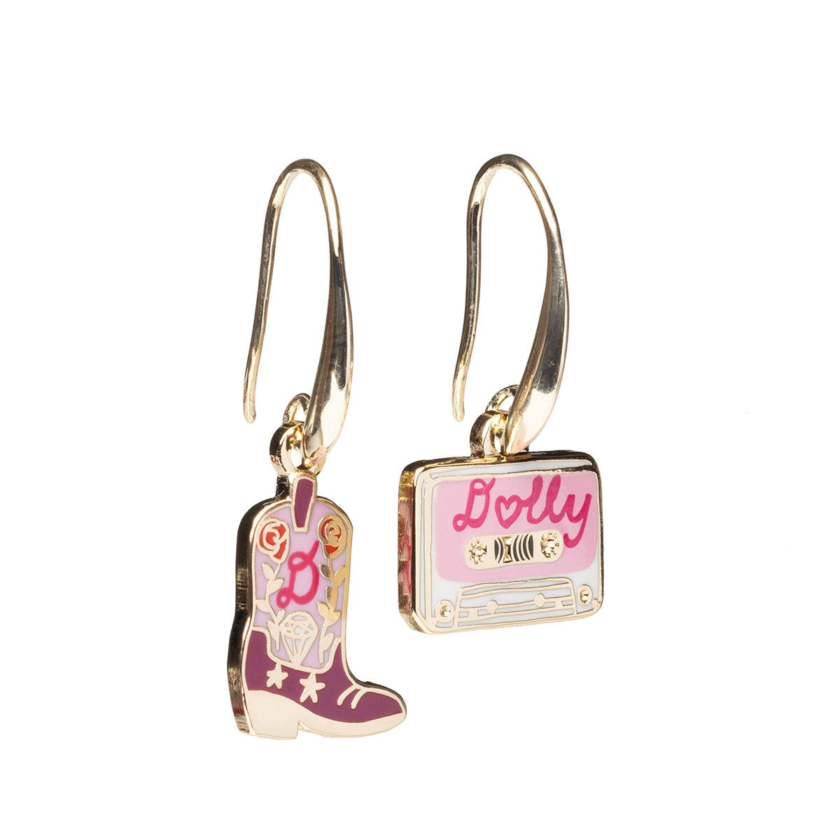 Mismatched enamel drop earrings featuring purple floral cowboy boot and pink Dolly cassette tape by Yellow Owl Workshop