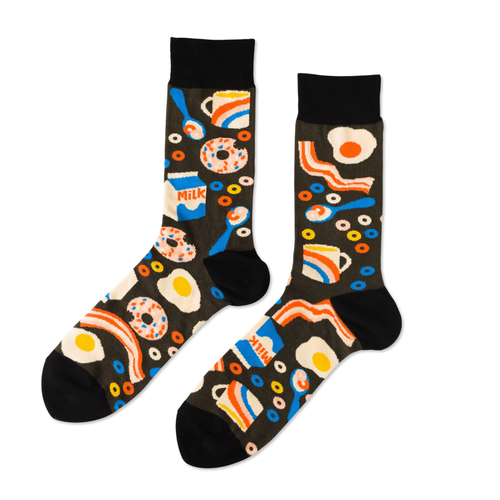 Dark crew socks featuring illustrated breakfast foods including eggs bacon donuts milk and cereal by Yellow Owl Workshop