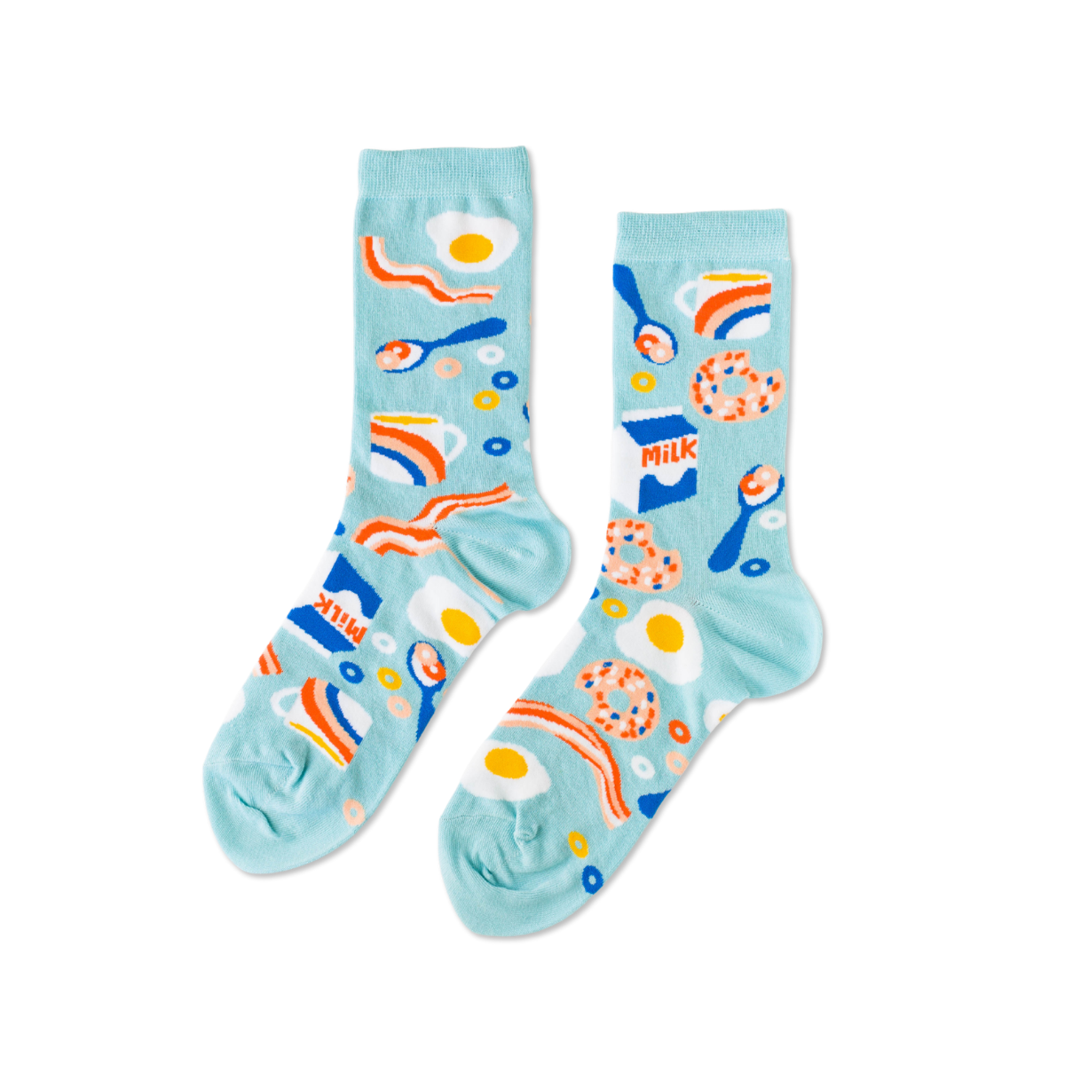 Mint crew socks featuring illustrated breakfast foods including eggs bacon donuts milk and cereal by Yellow Owl Workshop