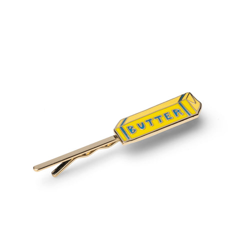 Gold cloisonné enamel yellow butter block hair pin with blue Butter lettering by Yellow Owl Workshop