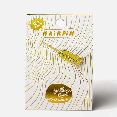 Butter gold cloisonné enamel hair pin in packaging by Yellow Owl Workshop