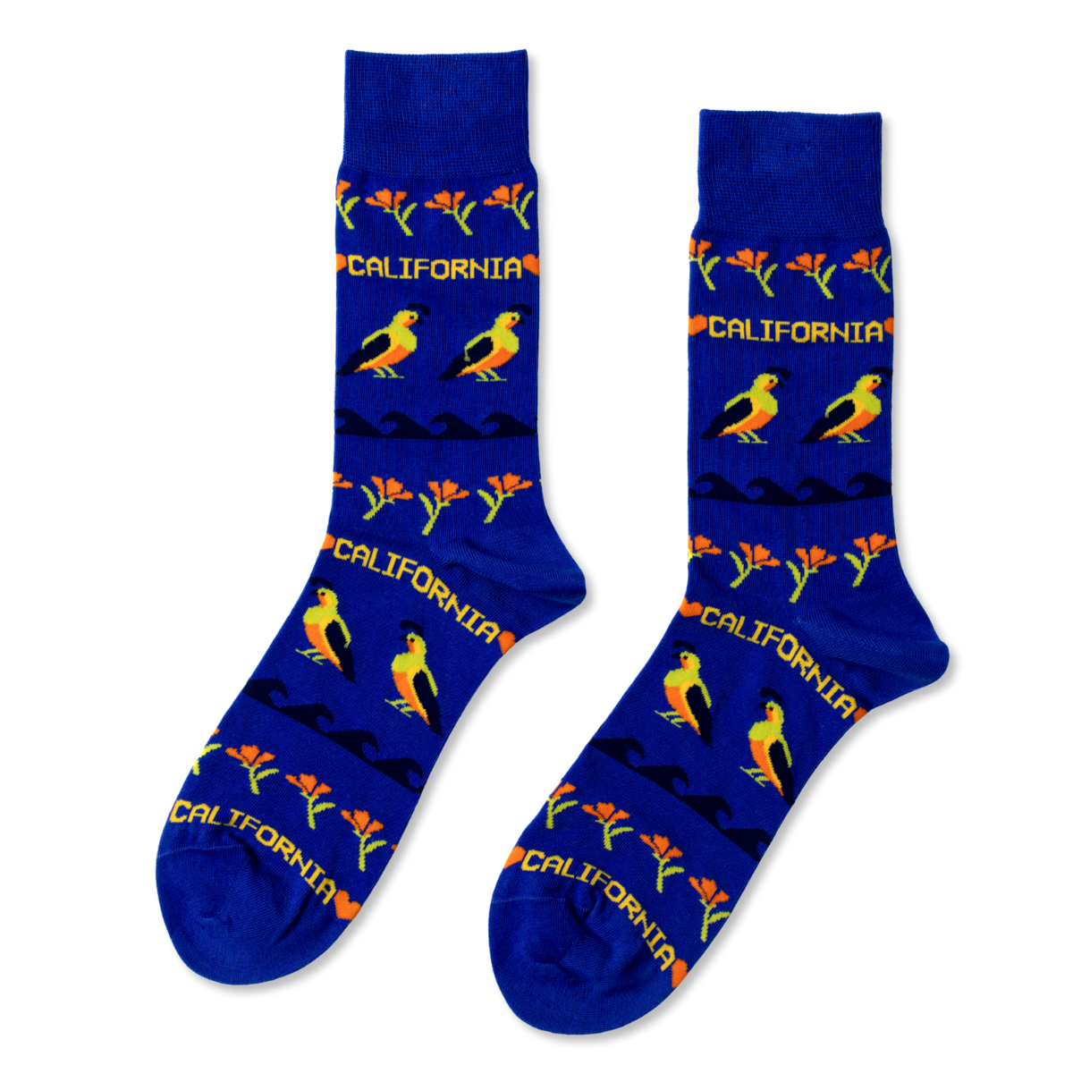 Blue crew socks featuring California quail golden poppies and coastal waves in cross-stitch inspired pattern by Yellow Owl Workshop