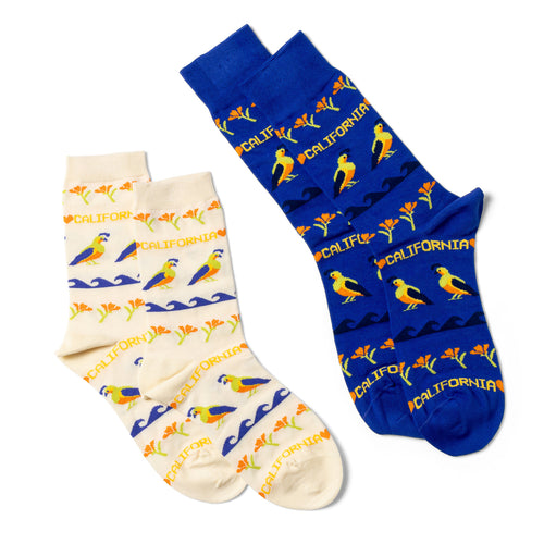 California Quail crew socks small and large sizes laid out side by side by Yellow Owl Workshop