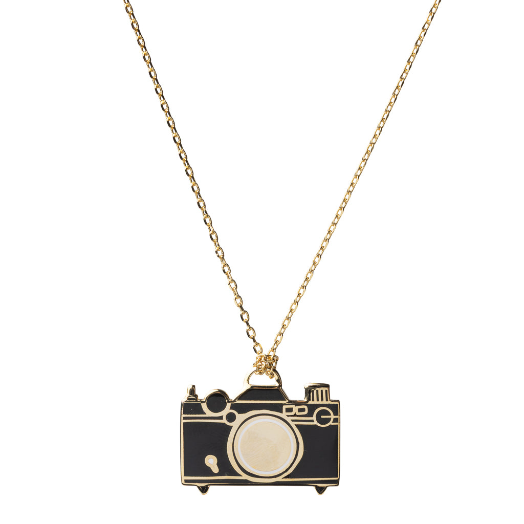 Black and gold cloisonné camera pendant necklace gilded in 22 karat gold by Yellow Owl Workshop