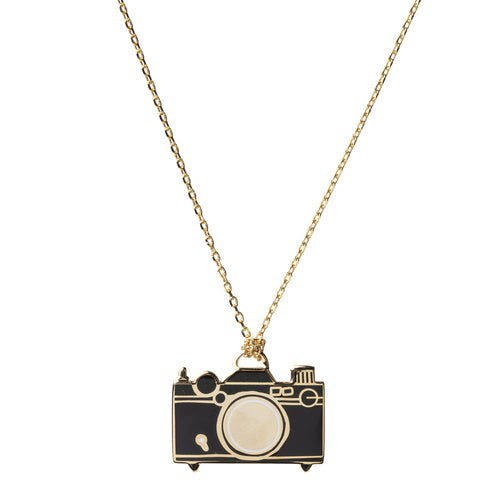 Black and gold cloisonné camera pendant necklace gilded in 22 karat gold by Yellow Owl Workshop
