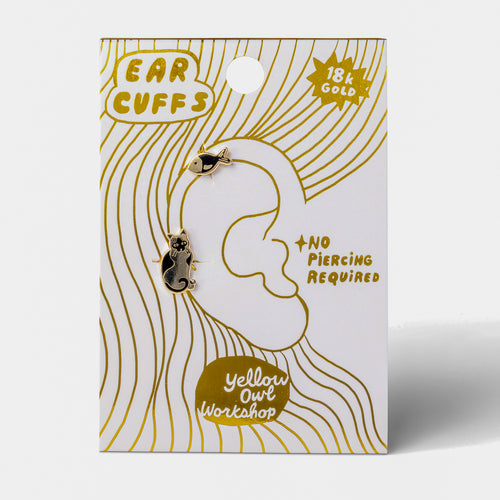 Cat and Fish no-piercing gold ear cuffs on gold foil matchbook card by Yellow Owl Workshop