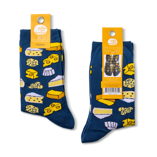 Cheese crew socks small size packaging front and back by Yellow Owl Workshop