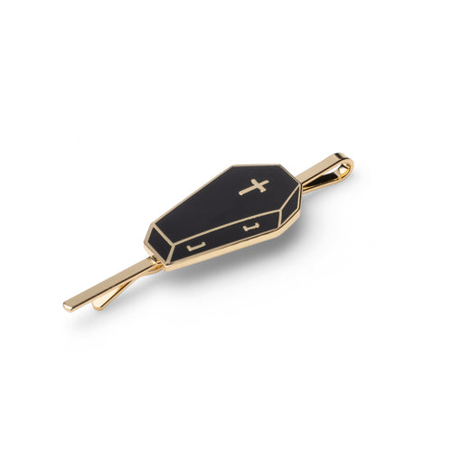 Gold cloisonné enamel black coffin hair pin with gold cross detail by Yellow Owl Workshop