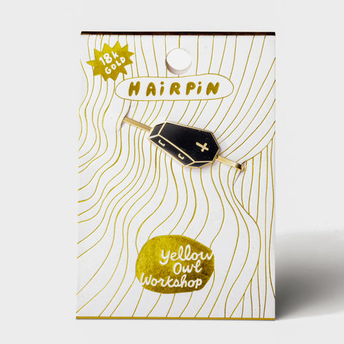 Coffin gold cloisonné enamel hair pin in packaging by Yellow Owl Workshop