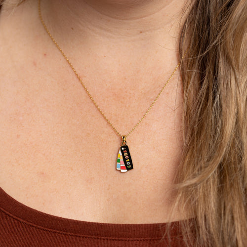 Color swatch cloisonné enamel pendant necklace worn by Yellow Owl Workshop