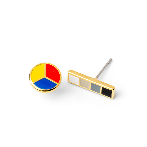 Mismatched gold stud earrings featuring primary color wheel and grayscale bar by Yellow Owl Workshop