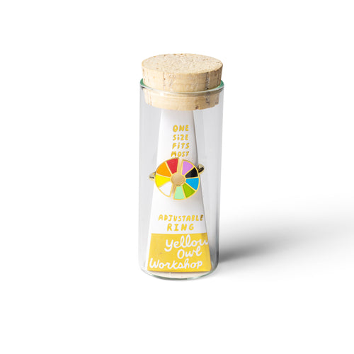 Color wheel cloisonné enamel gold ring in glass vial cork packaging by Yellow Owl Workshop