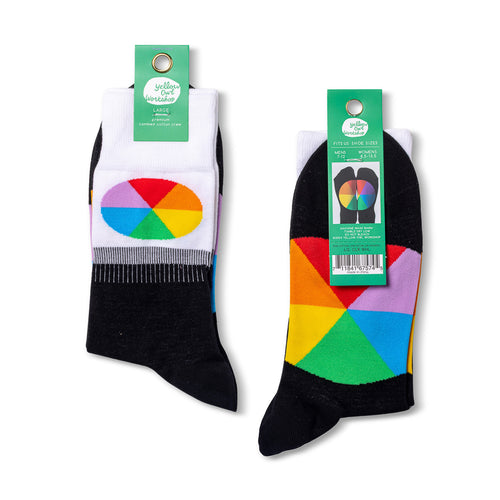 Color Wheel crew socks packaging front and back by Yellow Owl Workshop