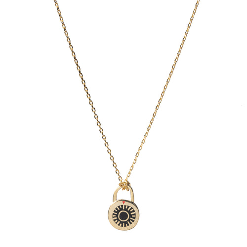 Black and gold cloisonné combination padlock pendant necklace with red arrow detail gilded in 22 karat gold by Yellow Owl Workshop
