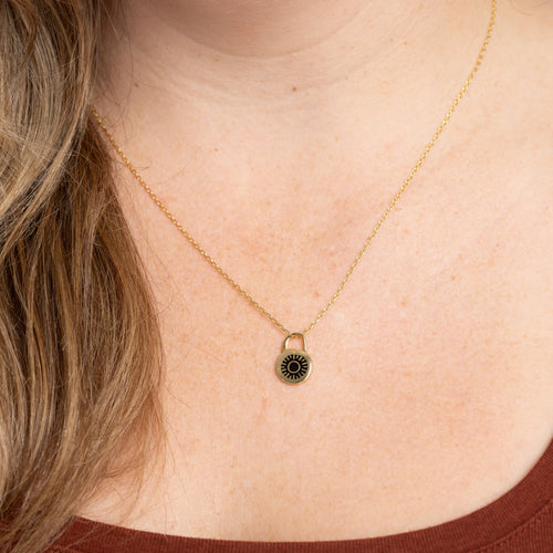 Combination padlock cloisonné enamel pendant necklace worn by Yellow Owl Workshop