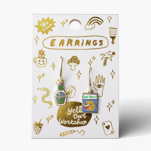 Cool Ranch mismatched enamel drop earrings on gold foil matchbook card by Yellow Owl Workshop
