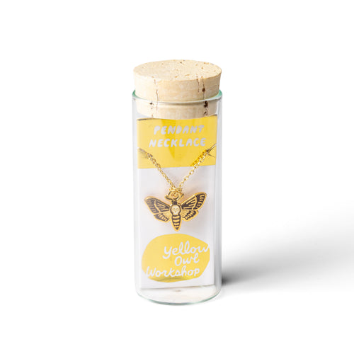 Deathshead hawkmoth cloisonné enamel pendant necklace in glass vial packaging by Yellow Owl Workshop