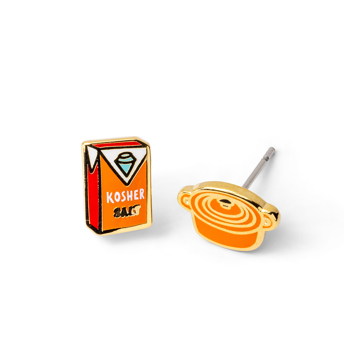 Mismatched cloisonné stud earrings featuring orange Dutch oven and kosher salt box gilded in 22 karat gold by Yellow Owl Workshop