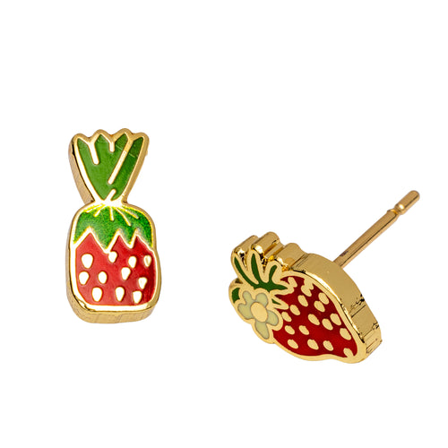 Mismatched strawberry candy stud earrings by Yellow Owl Workshop featuring a red and green wrapped strawberry sweet and a ripe strawberry with a white flower. Gold-tone enamel post earrings inspired by nostalgic grandma candy, photographed on a white background.