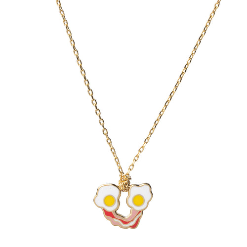 Cloisonné eggs and bacon smiley face pendant necklace gilded in 22 karat gold by Yellow Owl Workshop