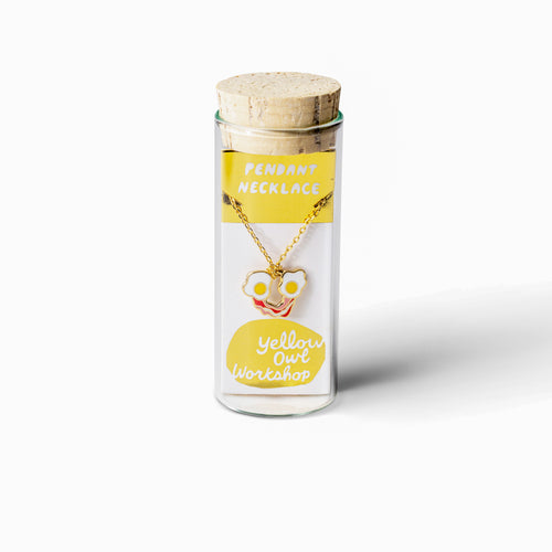 Eggs and bacon cloisonné enamel pendant necklace in glass vial packaging by Yellow Owl Workshop