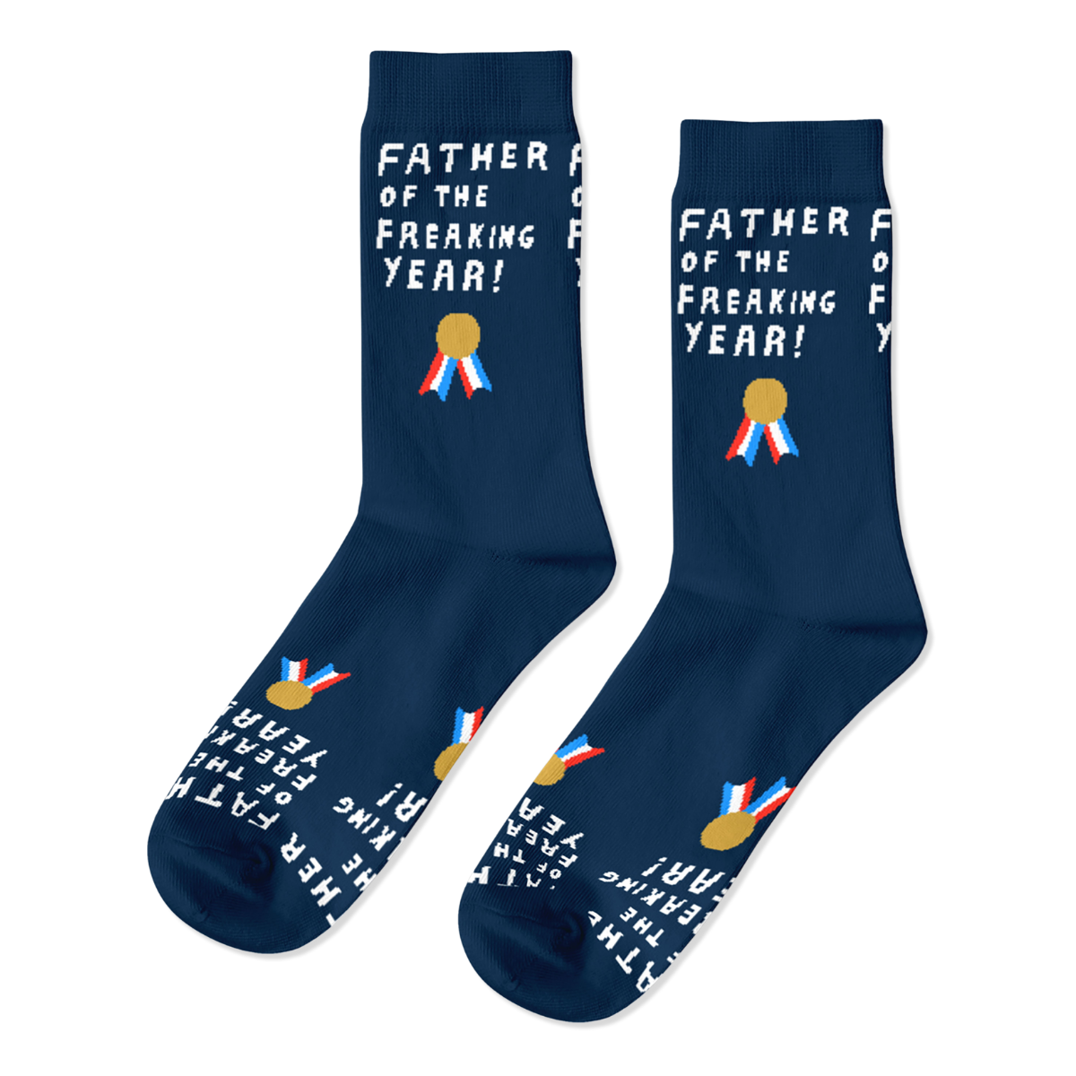Navy crew socks with Father of the Freaking Year text and gold medal illustration by Yellow Owl Workshop
