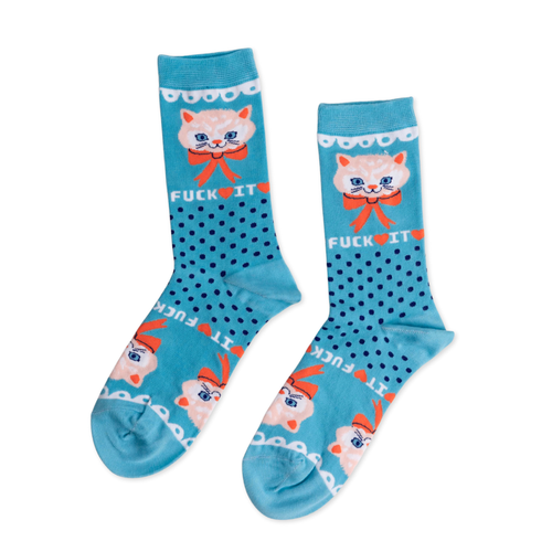 Sky blue crew socks featuring fancy cat with bow and F*ck It text on polka dot background with lace trim by Yellow Owl Workshop