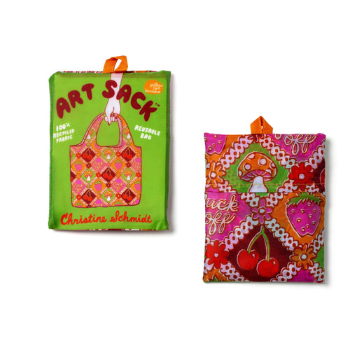 F*ck Off Retro Art Sack® folded front and back showing vintage fruit illustration and red Art Sack® packaging by Yellow Owl Workshop