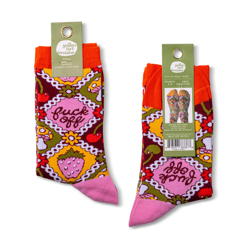 F*ck Off Retro crew socks packaging front and back by Yellow Owl Workshop