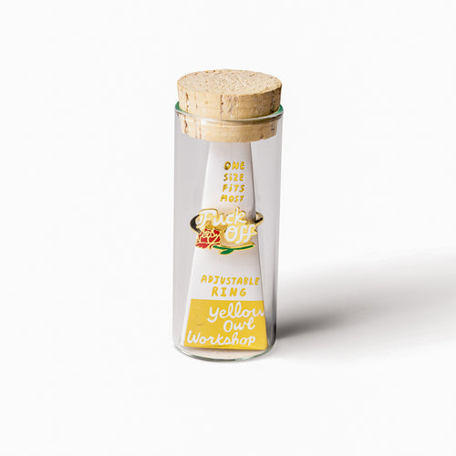 Fuck Off gold adjustable ring in glass vial cork packaging by Yellow Owl Workshop