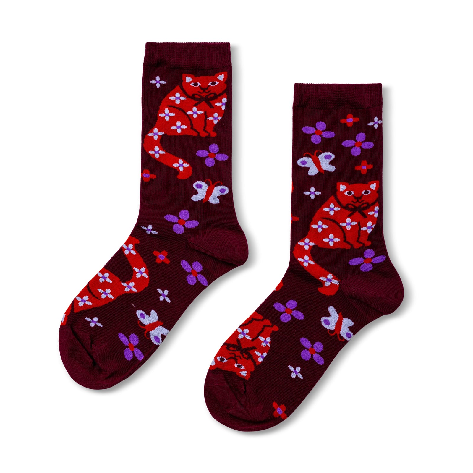 Burgundy crew socks featuring illustrated red floral cats purple flowers and white butterflies by Yellow Owl Workshop