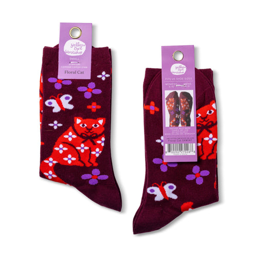 Floral Cat crew socks packaging front and back by Yellow Owl Workshop