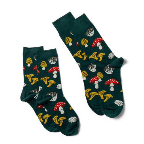 Forest Fungi crew socks small and large sizes laid out side by side by Yellow Owl Workshop