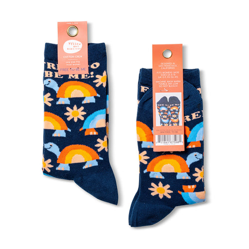 Free to Be Me crew socks packaging front and back by Yellow Owl Workshop